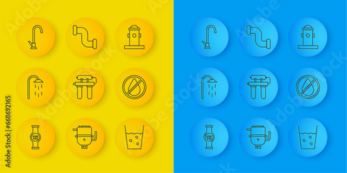 Set line Water meter, Shower, filter, Glass with water, drop forbidden, tap, Fire hydrant and Industry metallic pipe icon. Vector