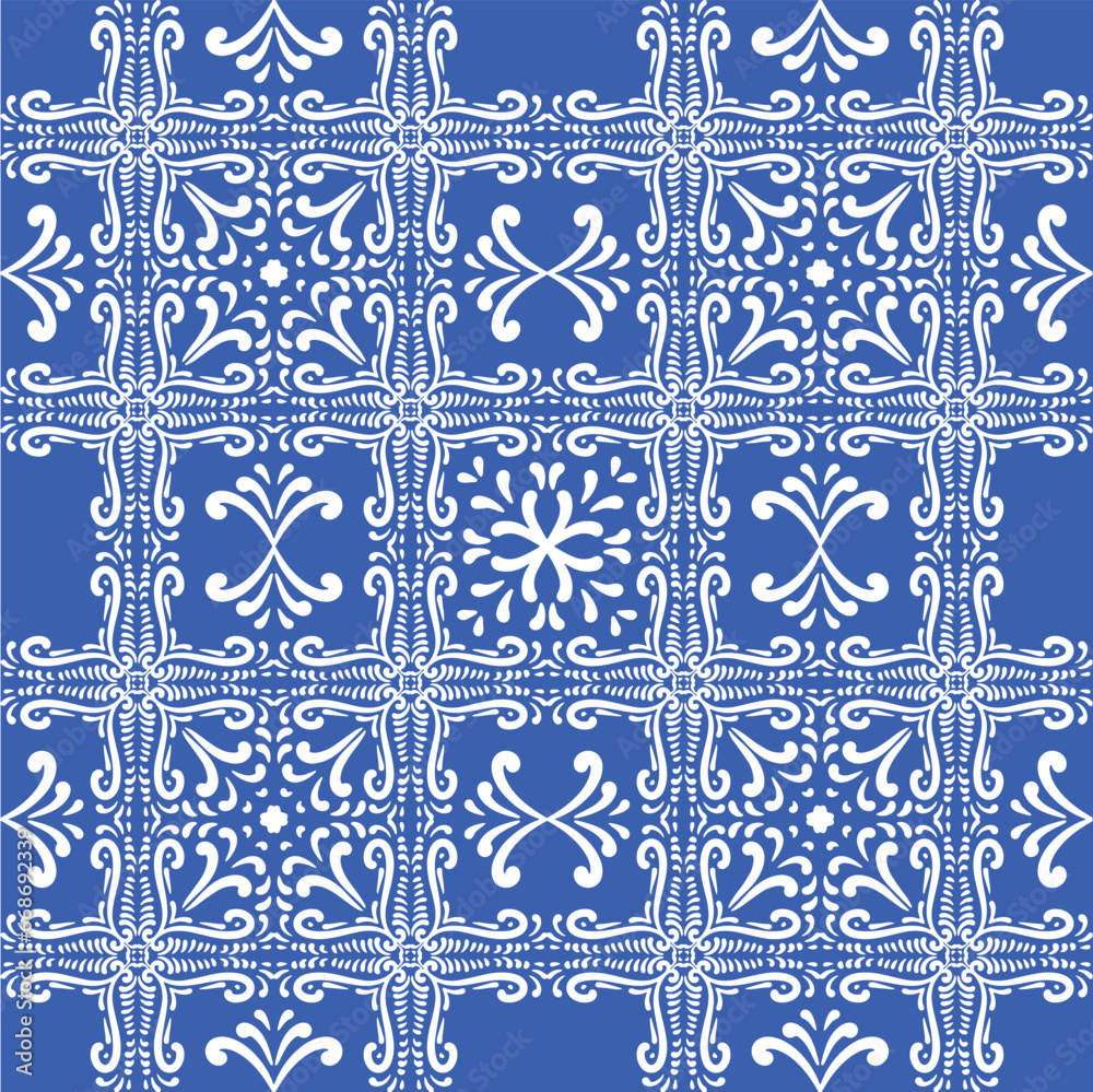 Pattern blue and white. Winter decor, snowflakes,christmas decor. Seamless pattern tile with Victorian motives.Ceramic tile in talavera style. Ornamental blue and white patterns for any decor. Pattern blue and white. Winter decor, snowflakes,christmas decor. Seamless pattern tile with Victorian motives.Ceramic tile in talavera style. Ornamental blue and white patterns for any decor.