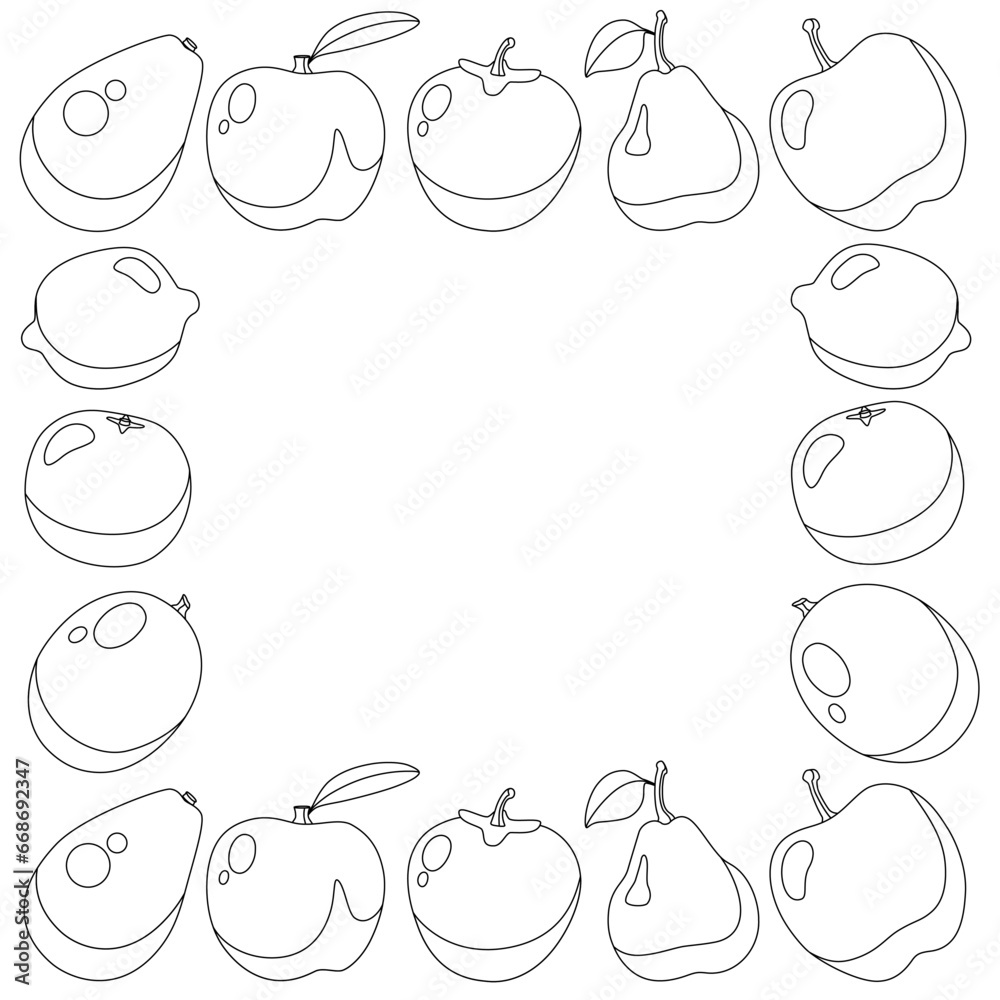 Coloring book for children in frame with set of fruits, white background