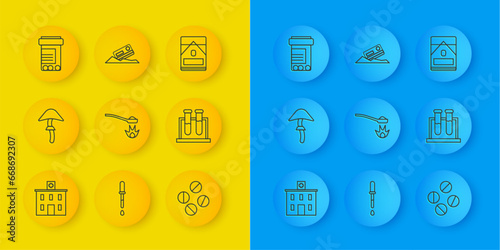 Set line Medical hospital building, Psilocybin mushroom, Heroin spoon, Medicine pill or tablet, Test tube and flask, bottle pills, Cigarettes pack box and Cocaine credit card icon. Vector