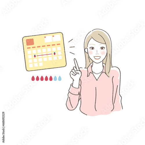Illustration of a Woman Managing Her Menstrual Cycle on a Calendar. photo