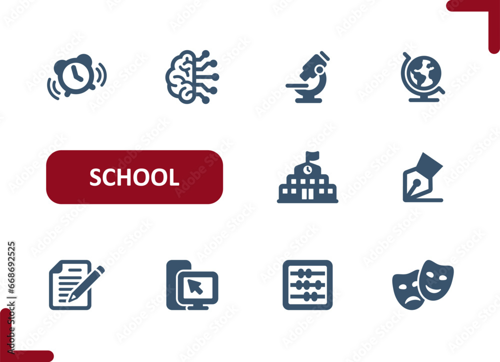 School Icons. Education, Brain, Knowledge, Learning, Science, Computer, Test Icon