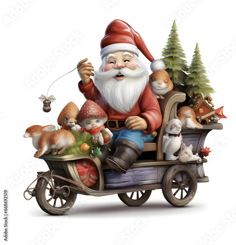  gnome riding in a whimsical sleigh