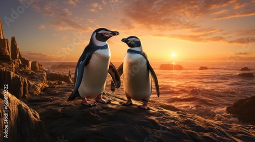 Two penguins standing on rocks. Generative AI.