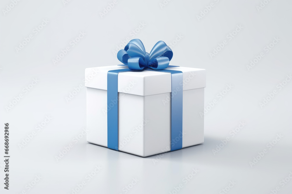 Obraz premium 3d render of cubic white gift box with blue bow for wedding 