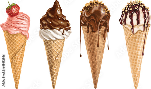 realistic water color ice cream in a cone vector illustration