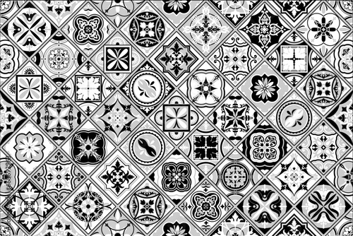 Set of Azulejos tiles in black, white. Original traditional Portuguese and Spanish decor. Seamless patchwork with Victorian motifs. Talavera style ceramic tiles. Mosaic by Gaudi. Vector