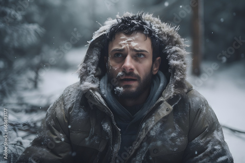 Caucasian young adult man lost in forest at snowy winter day. Neural network generated image. Not based on any actual person or scene. © lucky pics