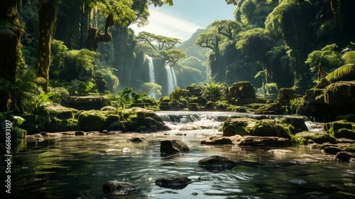 Waterfall in the jungle. Generative AI. © ProVector