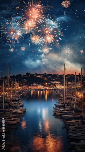 Colorful fireworks outdoors in the sky at night over coastline. New year celebration concept. Generative AI.
