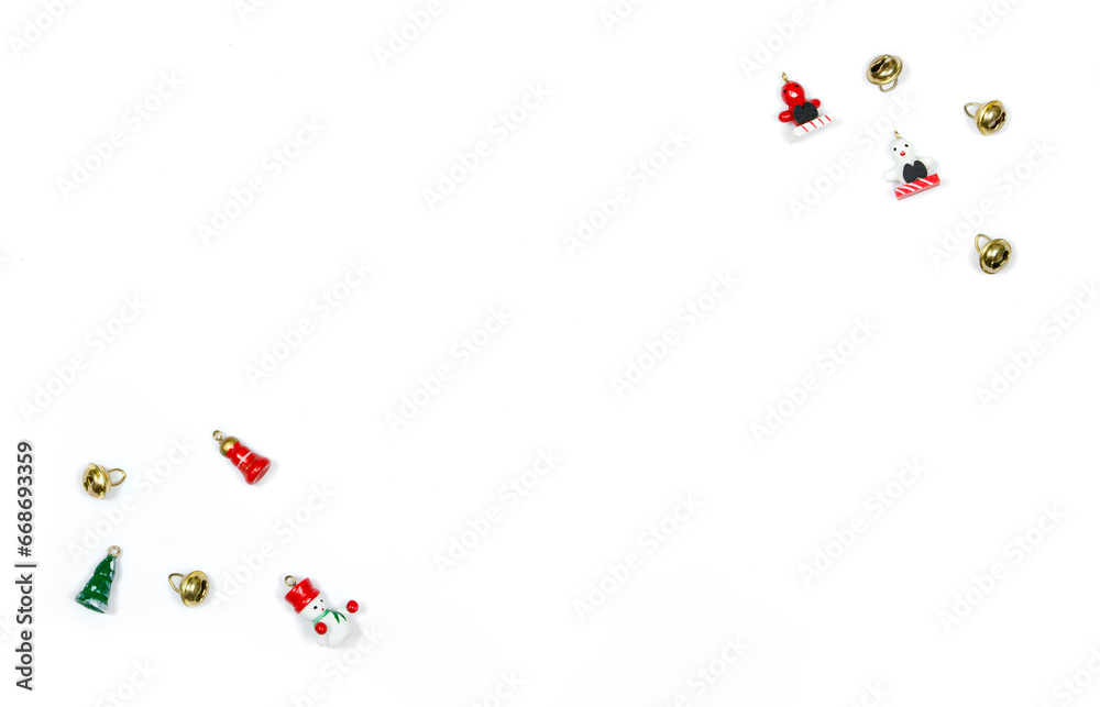 Christmas and New Year toys on white background. Top view of christmas minimalist decorations Christmas and New Year toys on white background. Top view of christmas minimalist decorations