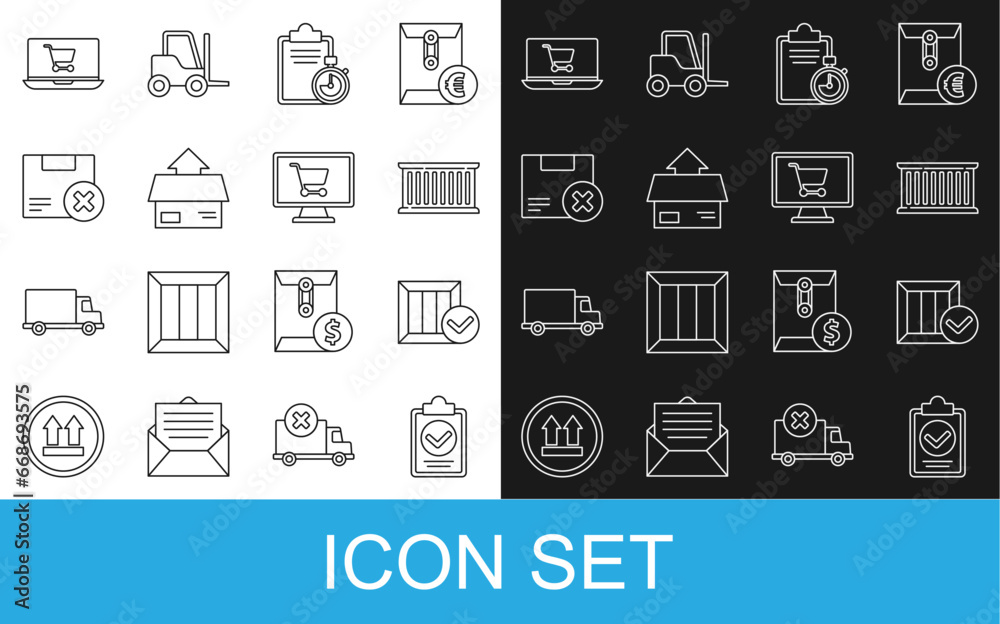 Set line Verification of delivery list clipboard, Wooden box with check mark, Container, Carton cardboard, and delete, Shopping cart laptop and computer icon. Vector