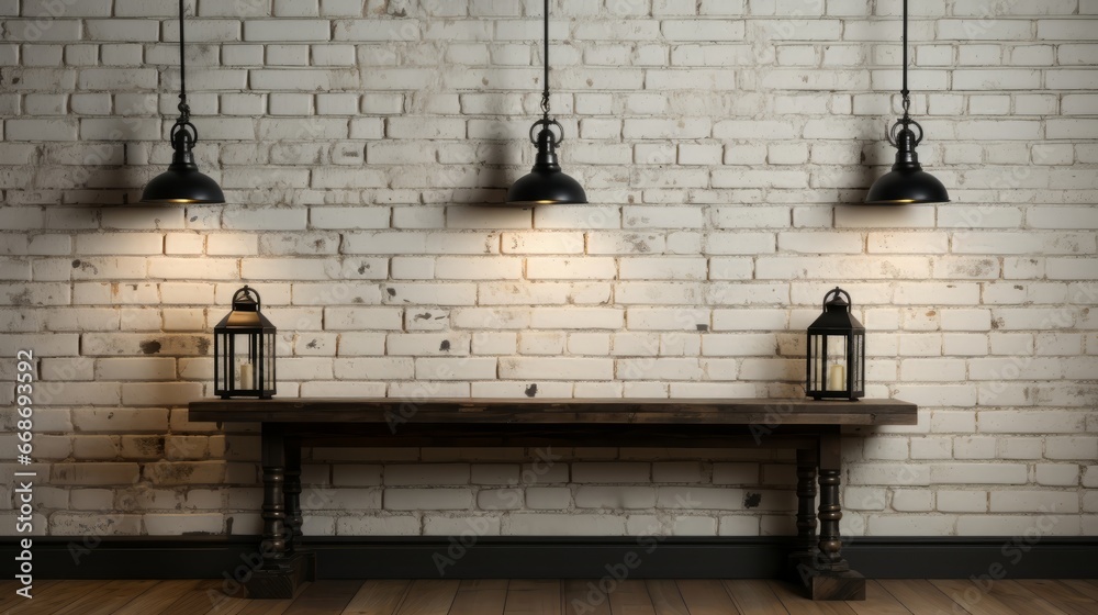 White brick wall background with black industrial style. Generative AI. White brick wall background with black industrial style. Generative AI.