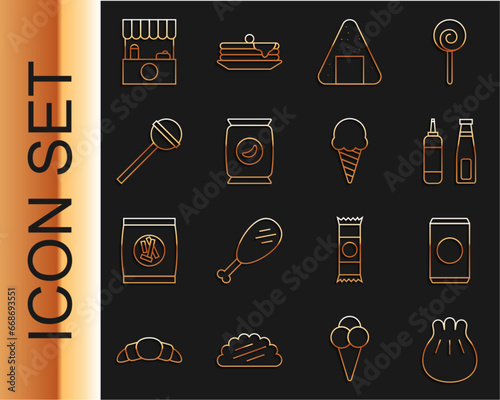 Set line Khinkali on cutting board, Soda can with straw, Sauce bottle, Onigiri, Bag or packet potato chips, Lollipop, Street stall awning and Ice cream waffle cone icon. Vector