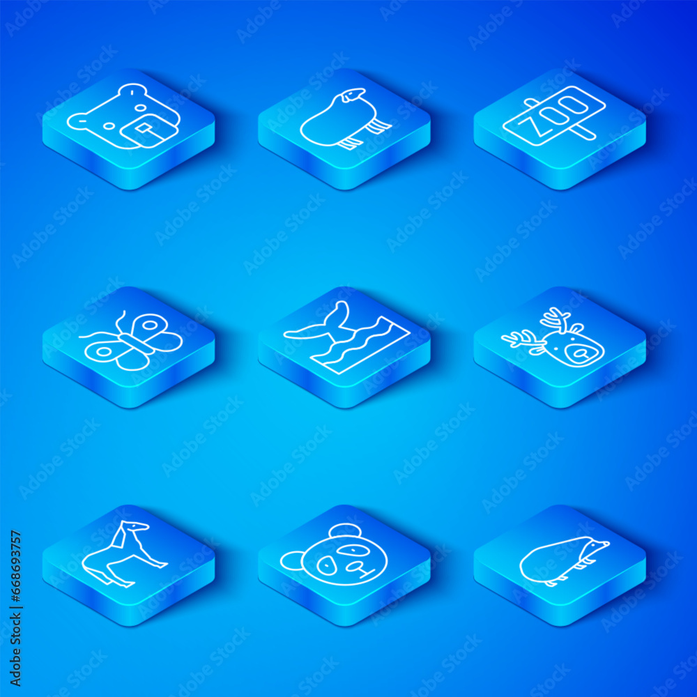 Set line Horse, Whale tail in ocean wave, Cute panda face, Deer head with antlers, Zoo park, Butterfly, Bear and Hedgehog icon. Vector Set line Horse, Whale tail in ocean wave, Cute panda face, Deer head with antlers, Zoo park, Butterfly, Bear and Hedgehog icon. Vector