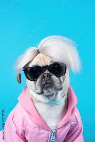 Studio headshot of a pug animal dog in pink fashion outfit and funny hairstyle. Man-like funny pets © troyanphoto