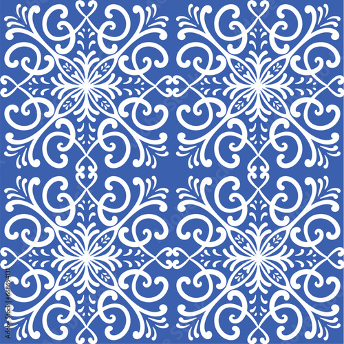 Pattern blue and white. Winter decor  snowflakes christmas decor. Seamless pattern tile with Victorian motives.Ceramic tile in talavera style. Ornamental blue and white patterns for any decor.