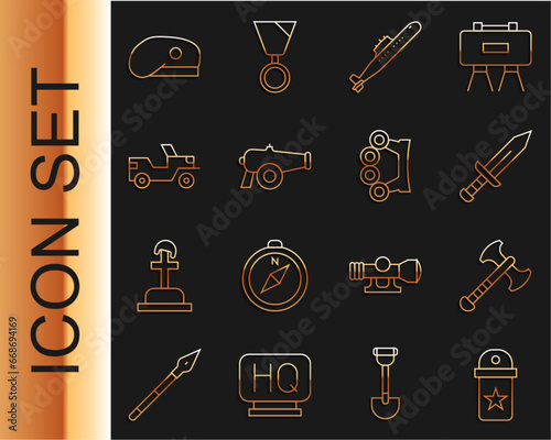 Set line Chevron, War axe, Sword, Submarine, Cannon, Military jeep, beret and Brass knuckles icon. Vector