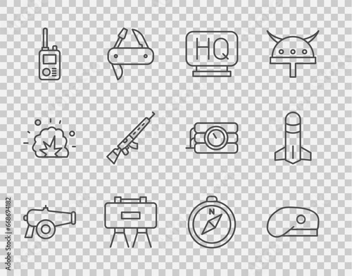 Set line Cannon, Military beret, headquarters, mine, Walkie talkie, Sniper rifle with scope, Compass and Rocket icon. Vector