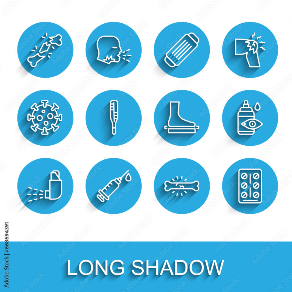 Set line Inhaler, Syringe, Human broken bone, Bone pain, Pills blister pack, Medical thermometer, Eye drop bottle and Flat foot icon. Vector Set line Inhaler, Syringe, Human broken bone, Bone pain, Pills blister pack, Medical thermometer, Eye drop bottle and Flat foot icon. Vector
