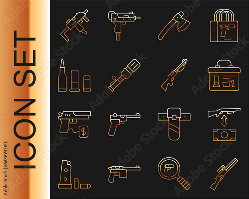 Set line Hunting gun, Buying assault rifle, Military ammunition box, Wooden axe, Anti-tank hand grenade, Bullet, MP9I submachine and icon. Vector