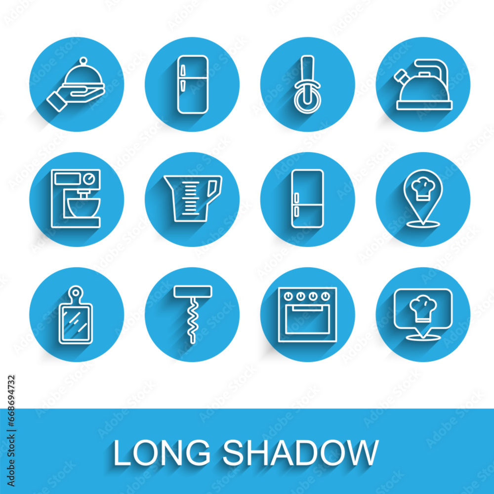 Set line Cutting board, Wine corkscrew, Covered with tray, Oven, Chef hat location, Measuring cup, and Refrigerator icon. Vector Set line Cutting board, Wine corkscrew, Covered with tray, Oven, Chef hat location, Measuring cup, and Refrigerator icon. Vector