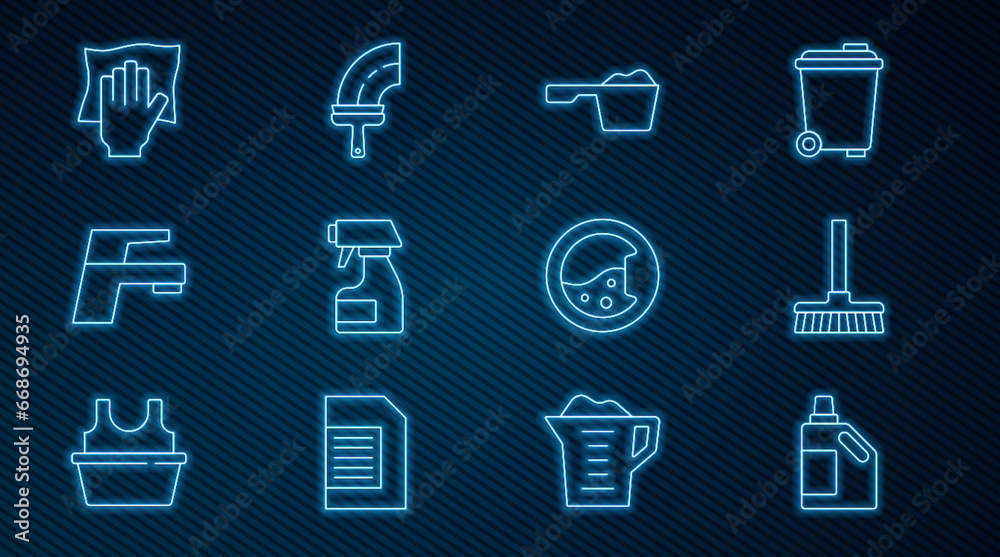 Set line Bottle for cleaning agent, Handle broom, Washing powder, Cleaning spray bottle, Water tap, service, Washer and Rubber cleaner windows icon. Vector