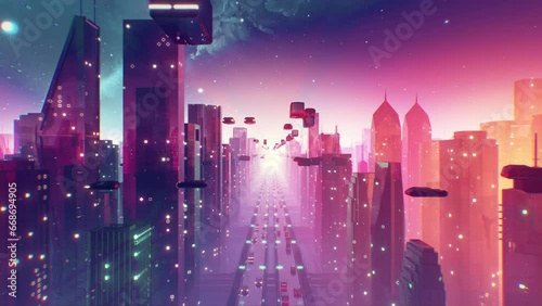 Futuristic cyberpunk city skyline flythrough. Looping 3D Animation.