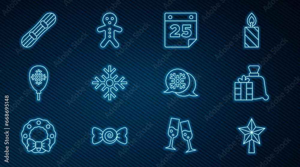 Set line Christmas star, Santa Claus bag gift, Calendar, Snowflake, Balloons with snowflake, Snowboard, speech bubble and Holiday gingerbread man cookie icon. Vector Set line Christmas star, Santa Claus bag gift, Calendar, Snowflake, Balloons with snowflake, Snowboard, speech bubble and Holiday gingerbread man cookie icon. Vector