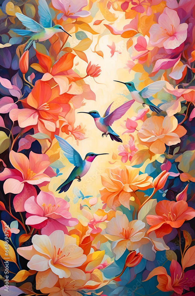 Watercolor painting of hummingbirds flying over flowers. Vector illustration.