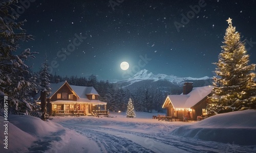 A cozy winter landscape with bright houses in the snow. Glowing Christmas tree and fireworks © NeuroSky