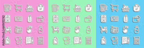 Set line Commercial refrigerator, Wallet with money, Electronic scales for product, Identification badge, Fish plastic tray container, POS terminal credit card and Price tag dollar icon. Vector