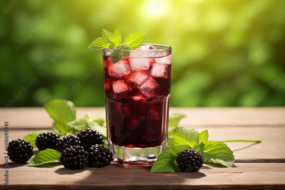 Sunlit Afternoon with a Chilled Glass of Tangy Blackcurrant Cordial on a Country-style Wooden Table