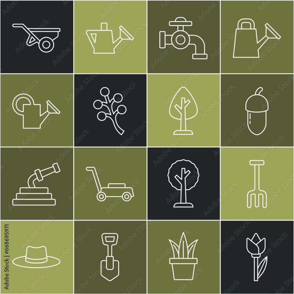 Set line Flower tulip, Garden rake, Acorn, Water tap, Blossom tree branch, Watering can, Wheelbarrow with dirt and Forest icon. Vector Set line Flower tulip, Garden rake, Acorn, Water tap, Blossom tree branch, Watering can, Wheelbarrow with dirt and Forest icon. Vector
