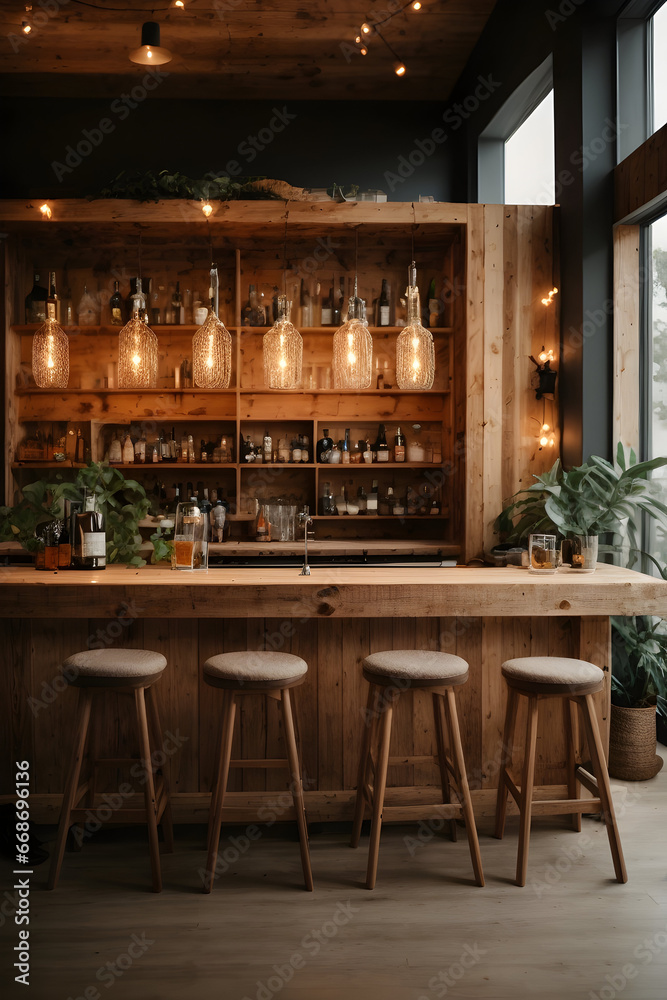 Wooden bar counter with wooden chairs and glass of beer on it
