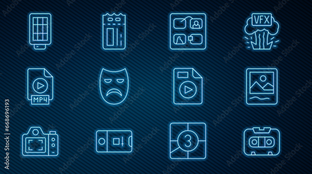 Set line Retro audio cassette tape, Photo frame, Storyboard, Drama theatrical mask, MP4 file document, Softbox light, AVI and Cinema ticket icon. Vector Set line Retro audio cassette tape, Photo frame, Storyboard, Drama theatrical mask, MP4 file document, Softbox light, AVI and Cinema ticket icon. Vector