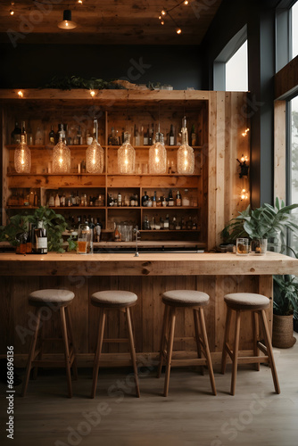 Wooden bar counter with wooden chairs and glass of beer on it © i7
