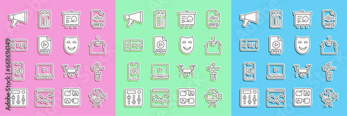 Set line Retro cinema camera, Gimbal stabilizer for, Sleeveless T-shirt, Scenario on chalkboard, MOV file document, Photo and video shooting, Megaphone and Comedy theatrical mask icon. Vector