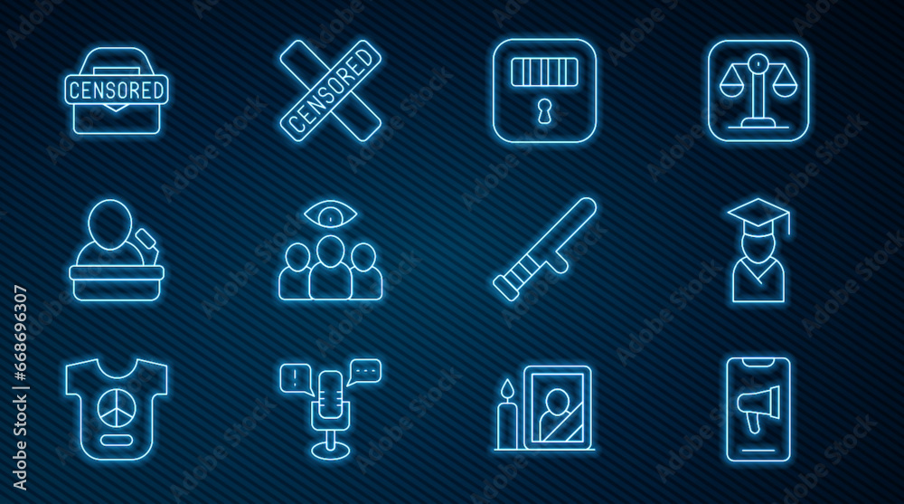 Set line Protest, Graduate and graduation cap, Prison cell door, Spy, agent, Speaker, Censored stamp, Police rubber baton and icon. Vector Set line Protest, Graduate and graduation cap, Prison cell door, Spy, agent, Speaker, Censored stamp, Police rubber baton and icon. Vector
