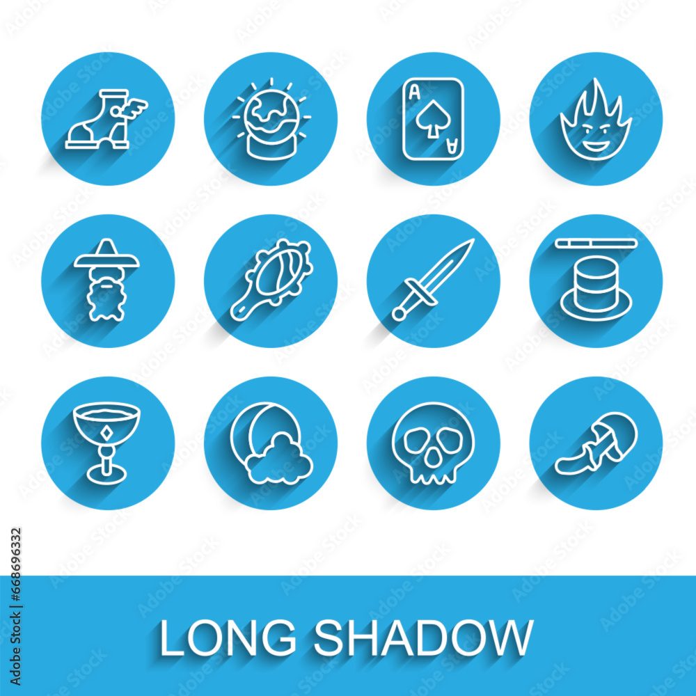 Set line Medieval goblet, Moon and stars, Hermes sandal, Skull, Psilocybin mushroom, Magic hand mirror, hat wand and Dagger icon. Vector Set line Medieval goblet, Moon and stars, Hermes sandal, Skull, Psilocybin mushroom, Magic hand mirror, hat wand and Dagger icon. Vector