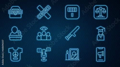 Set line Protest, Graduate and graduation cap, Prison cell door, Spy, agent, Speaker, Censored stamp, Police rubber baton and icon. Vector