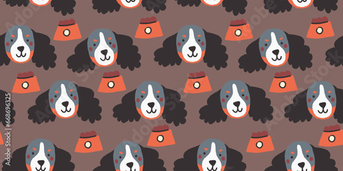 Vector seamless pattern with cute dog faces with food bowl. Dog pattern on brown background. Vector illustration