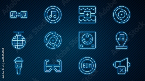 Set line Speaker mute, Music note, tone, wave equalizer, Vinyl disk, Disco ball, Drum machine and icon. Vector