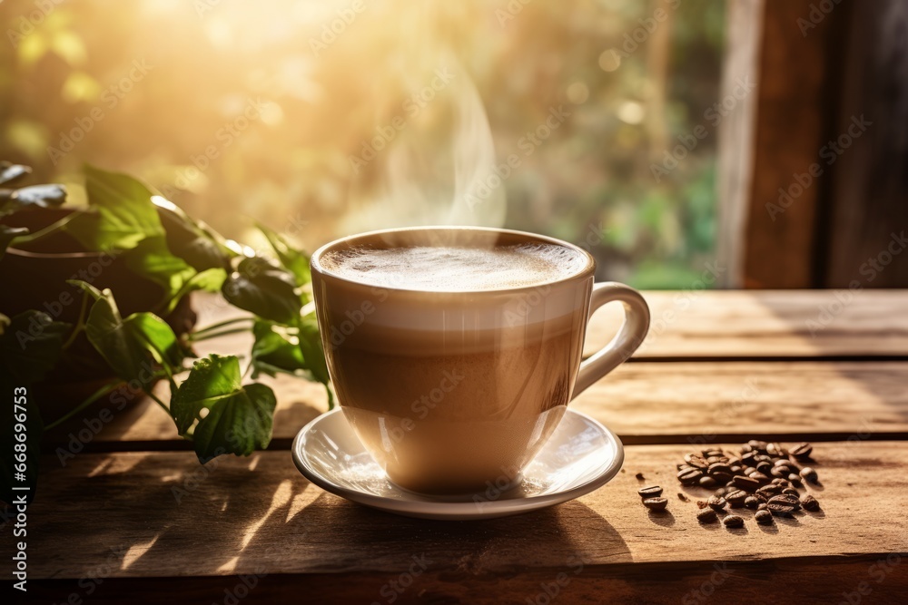 Morning Bliss: A cup of frothy vanilla mint coffee basking in the warm sunlight on a rustic table Morning Bliss: A cup of frothy vanilla mint coffee basking in the warm sunlight on a rustic table
