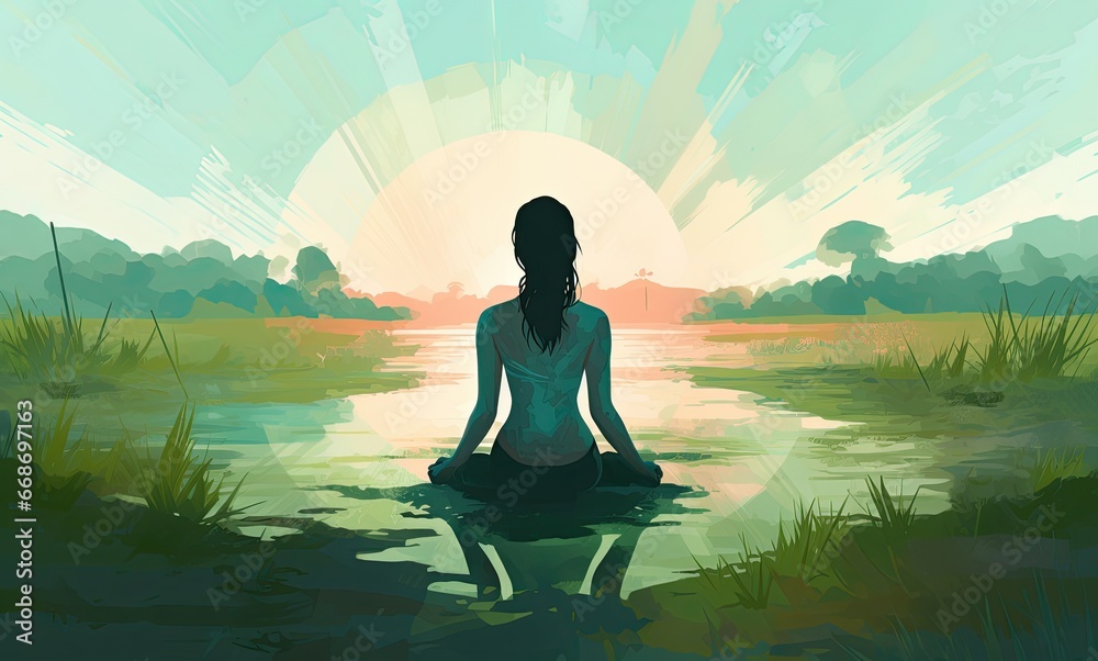 An illustration of a woman sitting in the lotus pose watching the sunrise. Green nature and big bright sun. A painting of a meditating person early in the morning. Spiritual practice, health An illustration of a woman sitting in the lotus pose watching the sunrise. Green nature and big bright sun. A painting of a meditating person early in the morning. Spiritual practice, health
