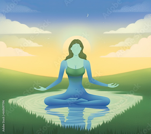 In harmony with nature. Peace. Freedom. An illustration of complete confluence with nature. Illustration of a woman doing yoga outdoors with crescent in the sky. Reaching zen. Woman's health © grooveisintheheart