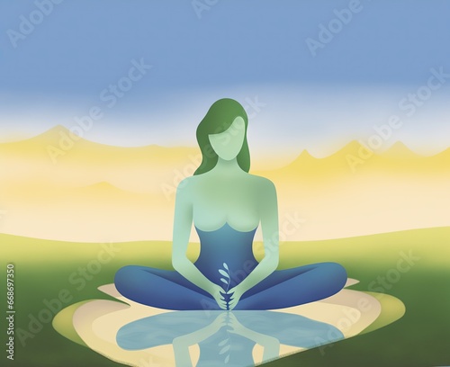 Complete harmony with nature. A faceless female silhouette meditating in the hills. Freedom. Clear thoughts, mind and soul. Yoga. Woman's health. Healthy body © grooveisintheheart