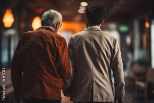 Young man helping a senior man walking rear view