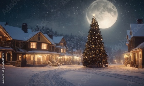 A cozy winter landscape with bright houses in the snow. Glowing Christmas tree and fireworks