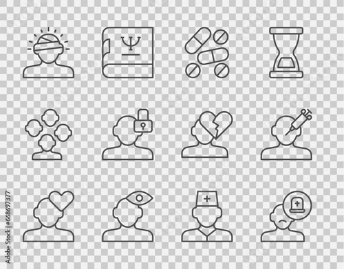 Set line Broken heart or divorce, Male doctor, Medicine pill tablet, Solution problem psychology, Concussion, headache, Closed personality, and Addiction the drug icon. Vector